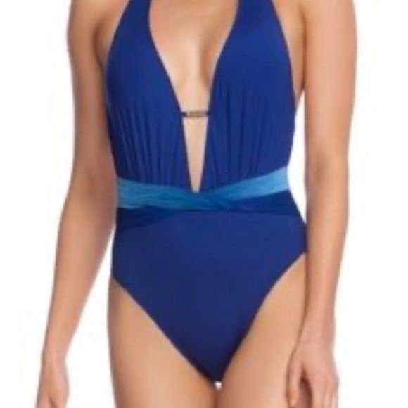 Kenneth Cole New York Swim | Halter Plunge Mio One Piece Size Large Navy Blue - Picture 4 of 11